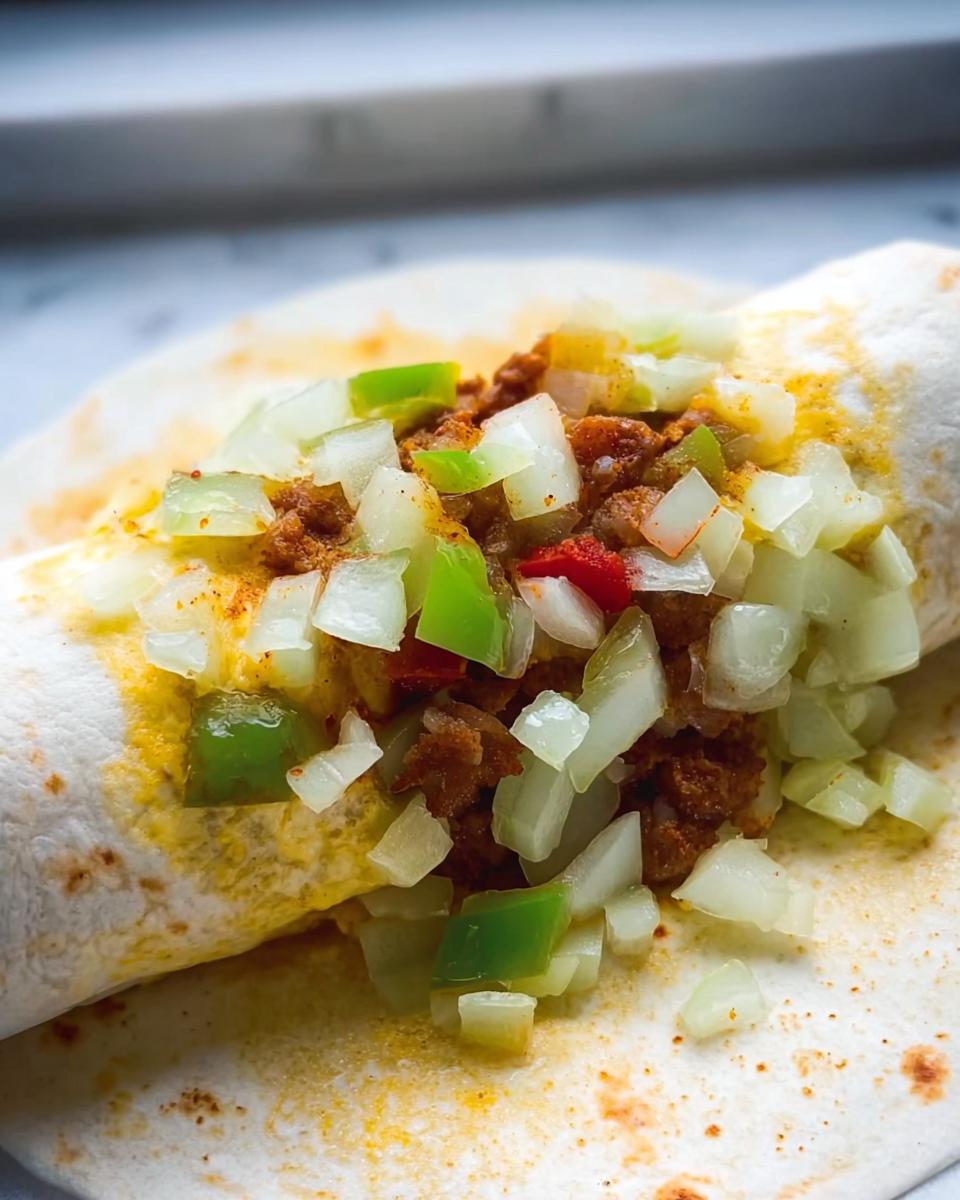Close-up of a breakfast burrito filled with scrambled eggs, seasoned meat, and chopped onions and peppers.