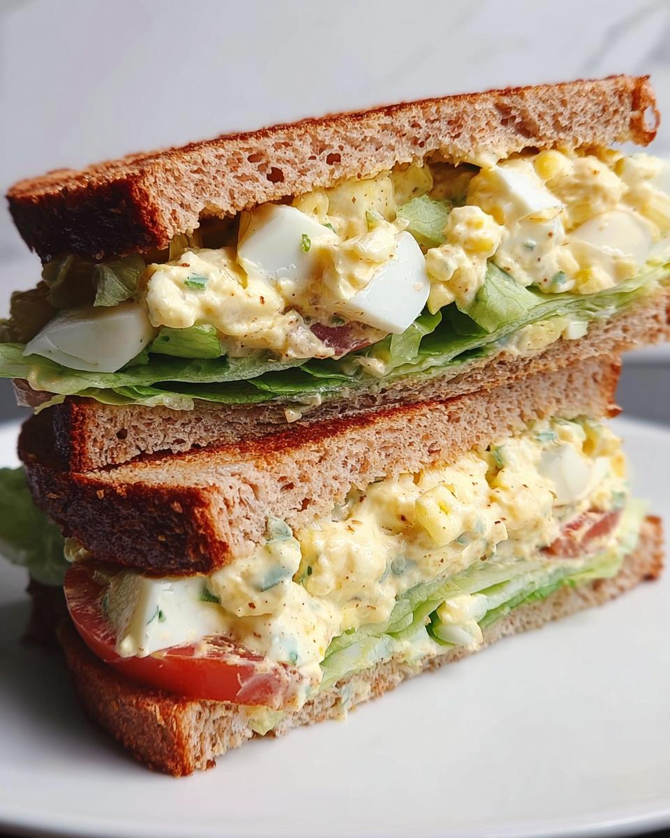 A stacked egg salad sandwich with whole wheat bread, lettuce, tomato, and creamy egg salad filling.