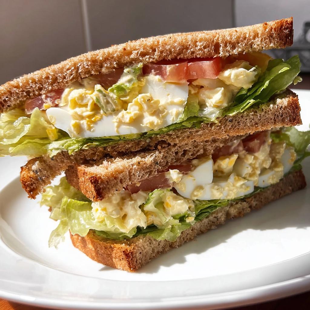 A delicious egg salad sandwich with lettuce and tomato on whole wheat bread, a perfect restaurant-style sandwich idea.
