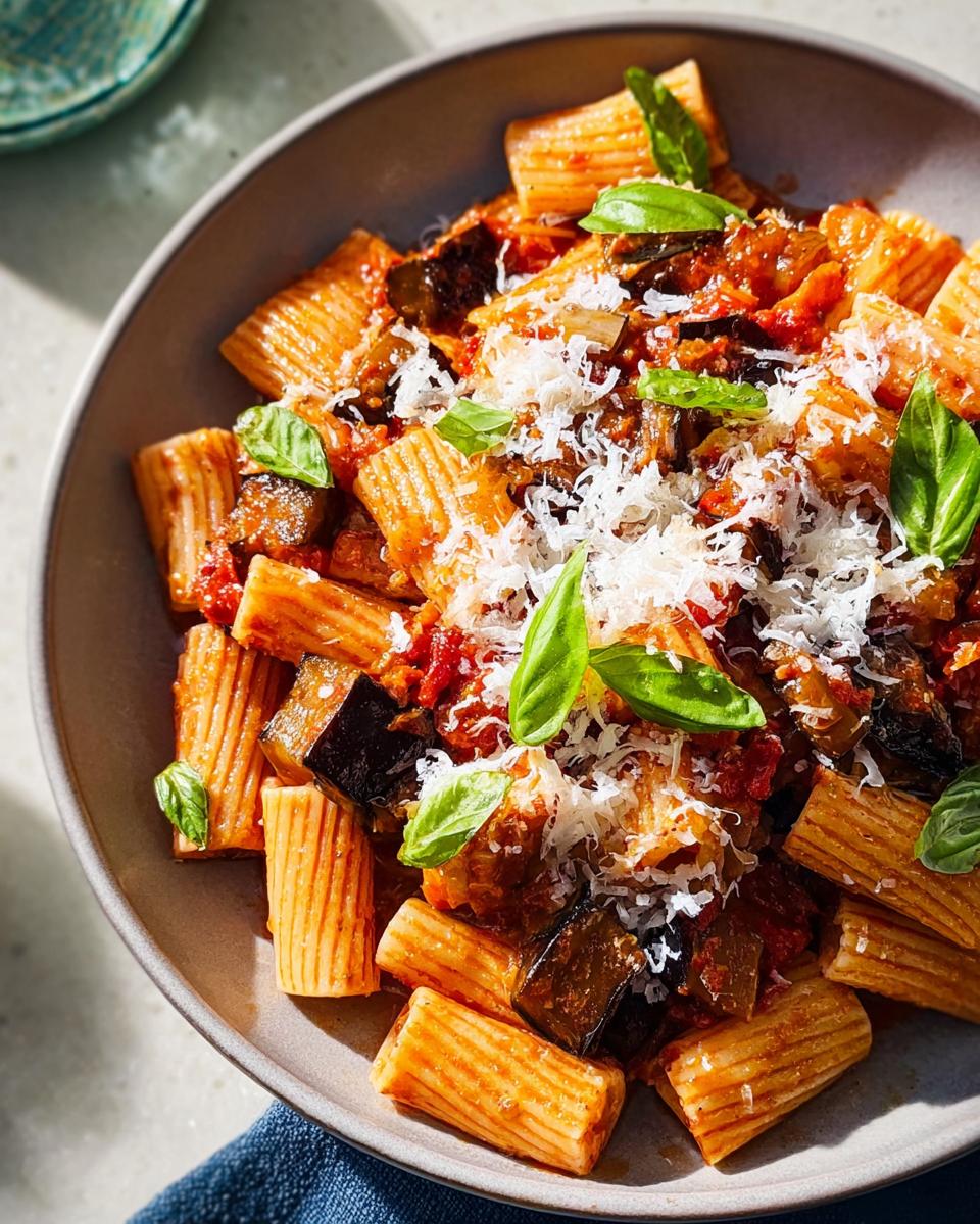 A bowl of rigatoni pasta with a rich tomato and eggplant sauce, topped with grated cheese and fresh basil. A perfect 12-Ingredient Pasta Recipe.