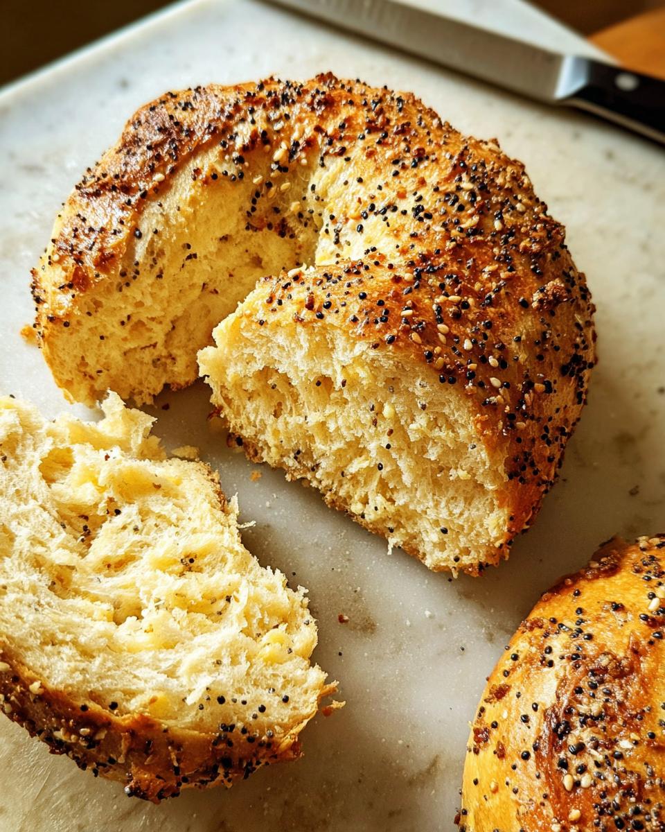 A close-up shot of a sliced everything bagel, showcasing its fluffy interior and seed-covered crust. Part of a breakfast ideas recipe.