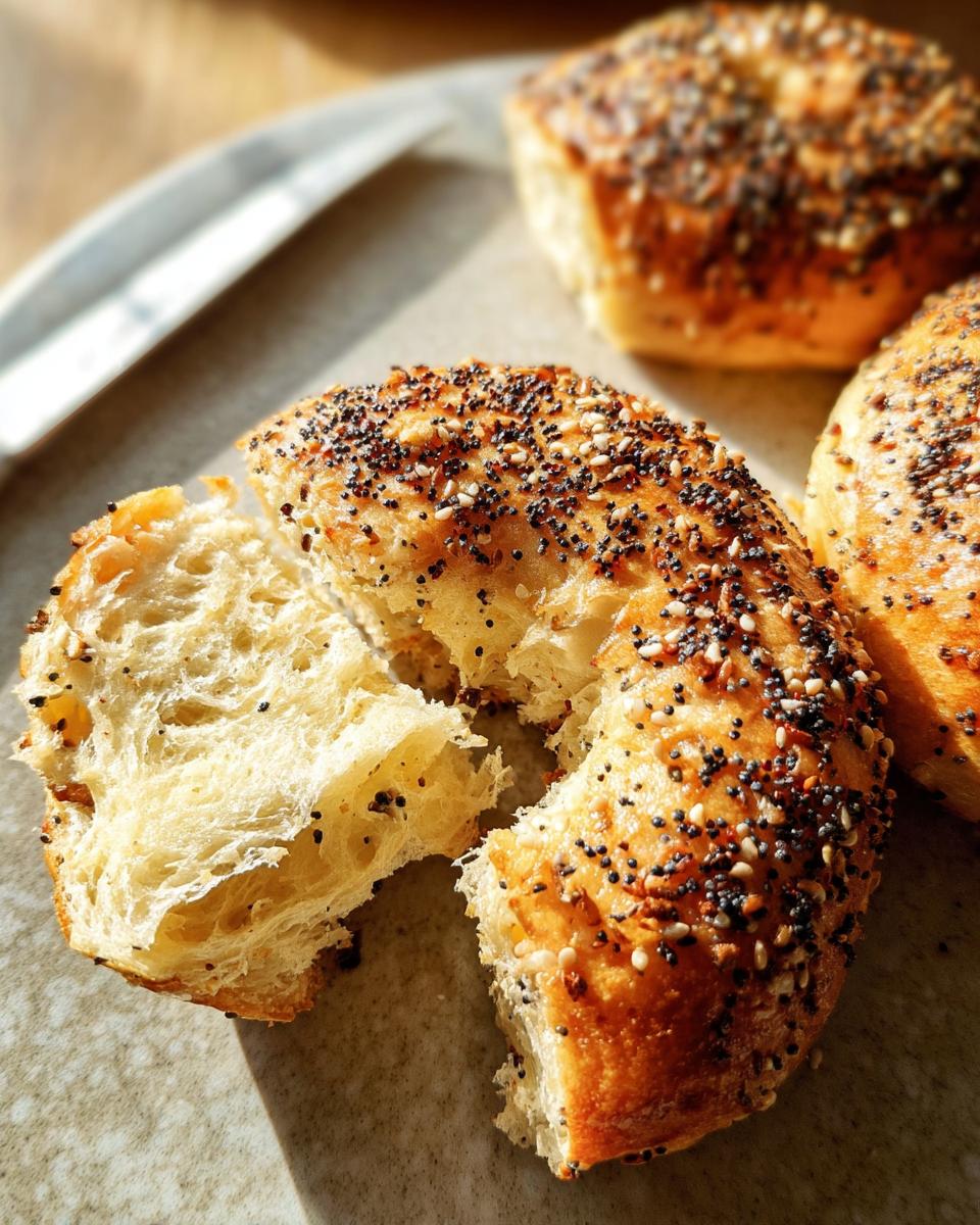 Close-up of an everything bagel, split in half, revealing a fluffy interior. Other bagels are visible in the background.