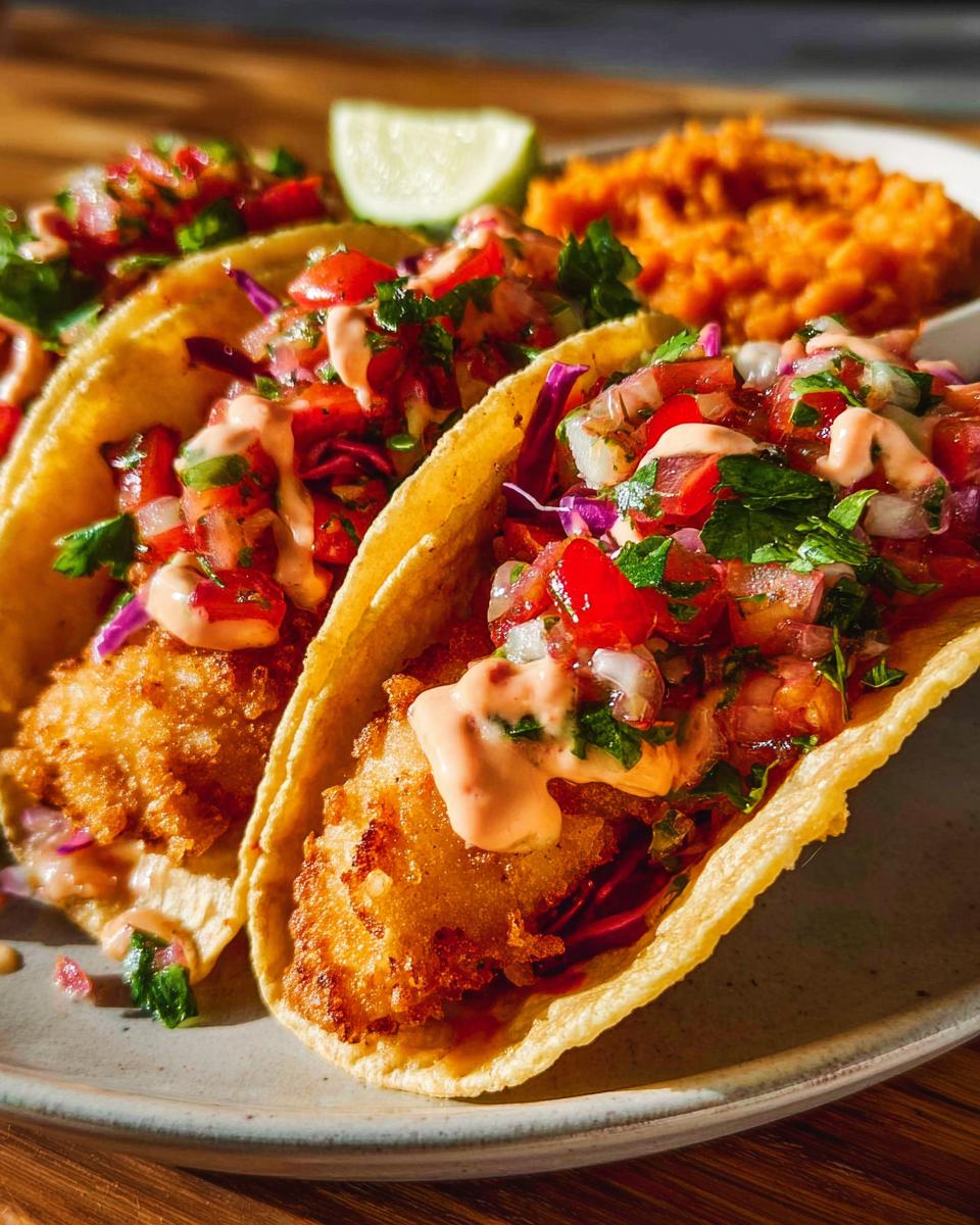 Close-up of two crispy fish tacos, topped with pico de gallo, shredded cabbage, and a creamy sauce, served with a side of refried beans.