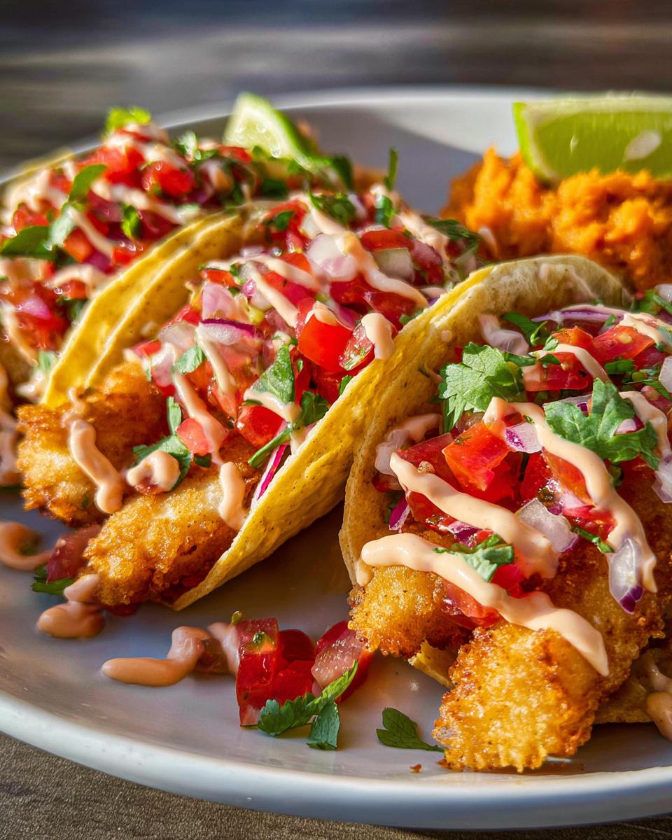 Close-up of three crispy fish tacos, topped with pico de gallo, cilantro, and a creamy sauce, perfect for Taco Tuesday recipes.