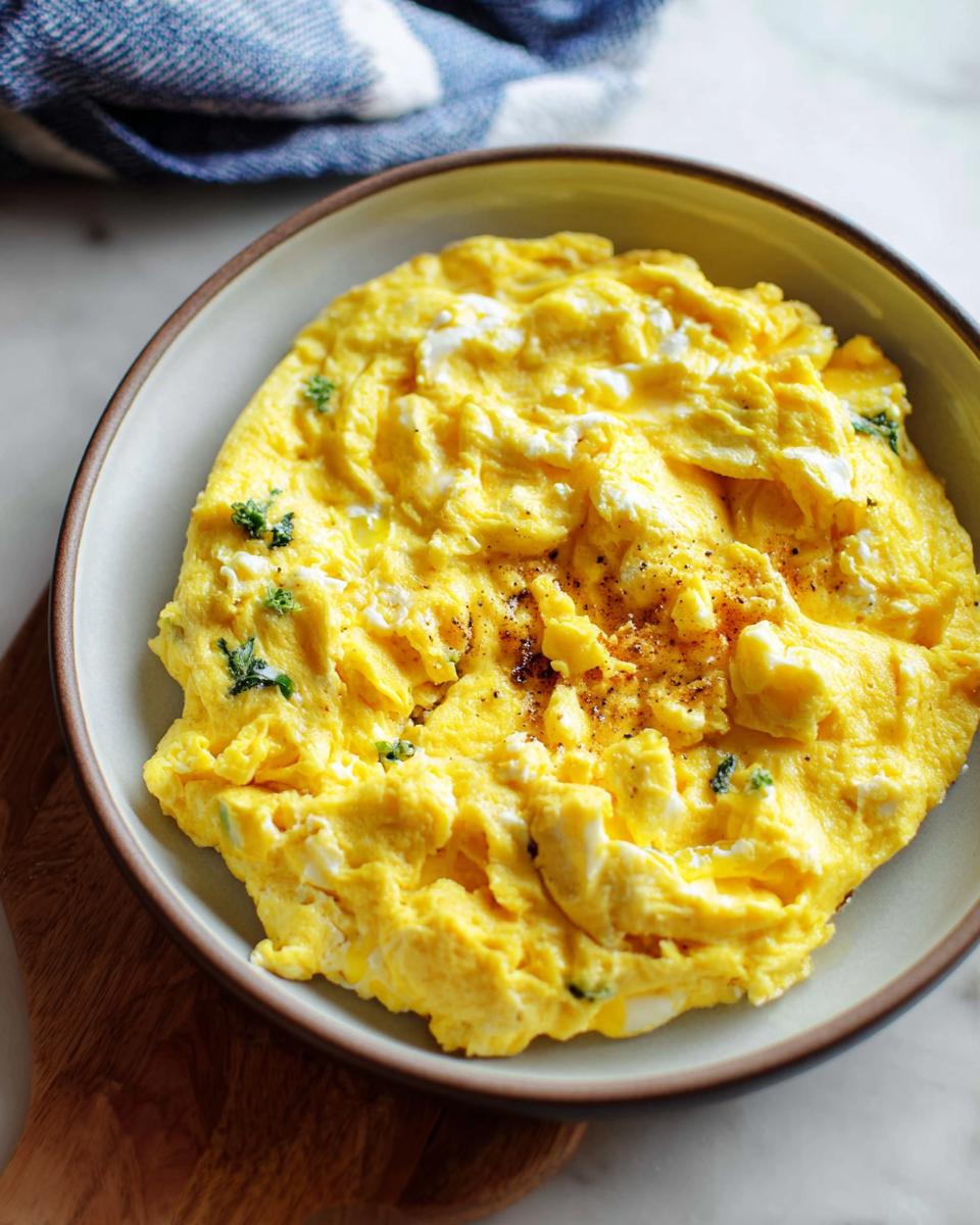 A close-up of a fluffy, golden omelette with flecks of herbs and black pepper, served in a bowl.