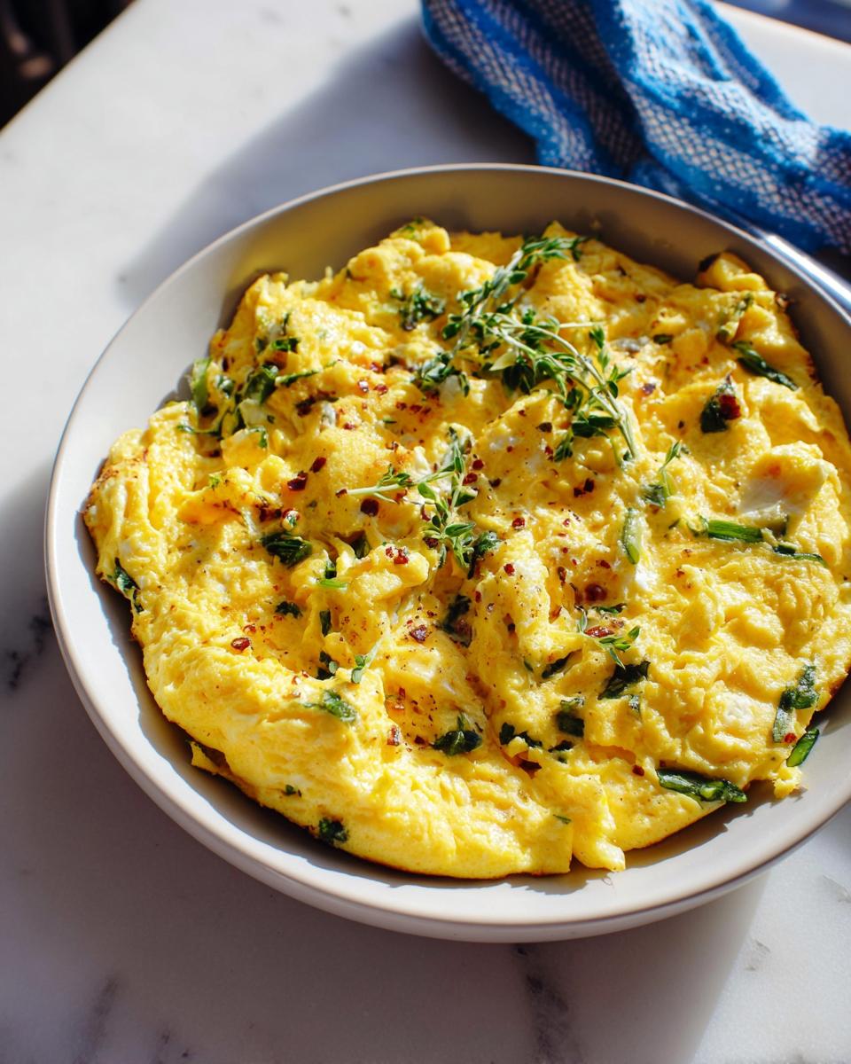 A fluffy omelette filled with herbs and spices, part of The Only Egg Recipes. Garnished with fresh thyme.