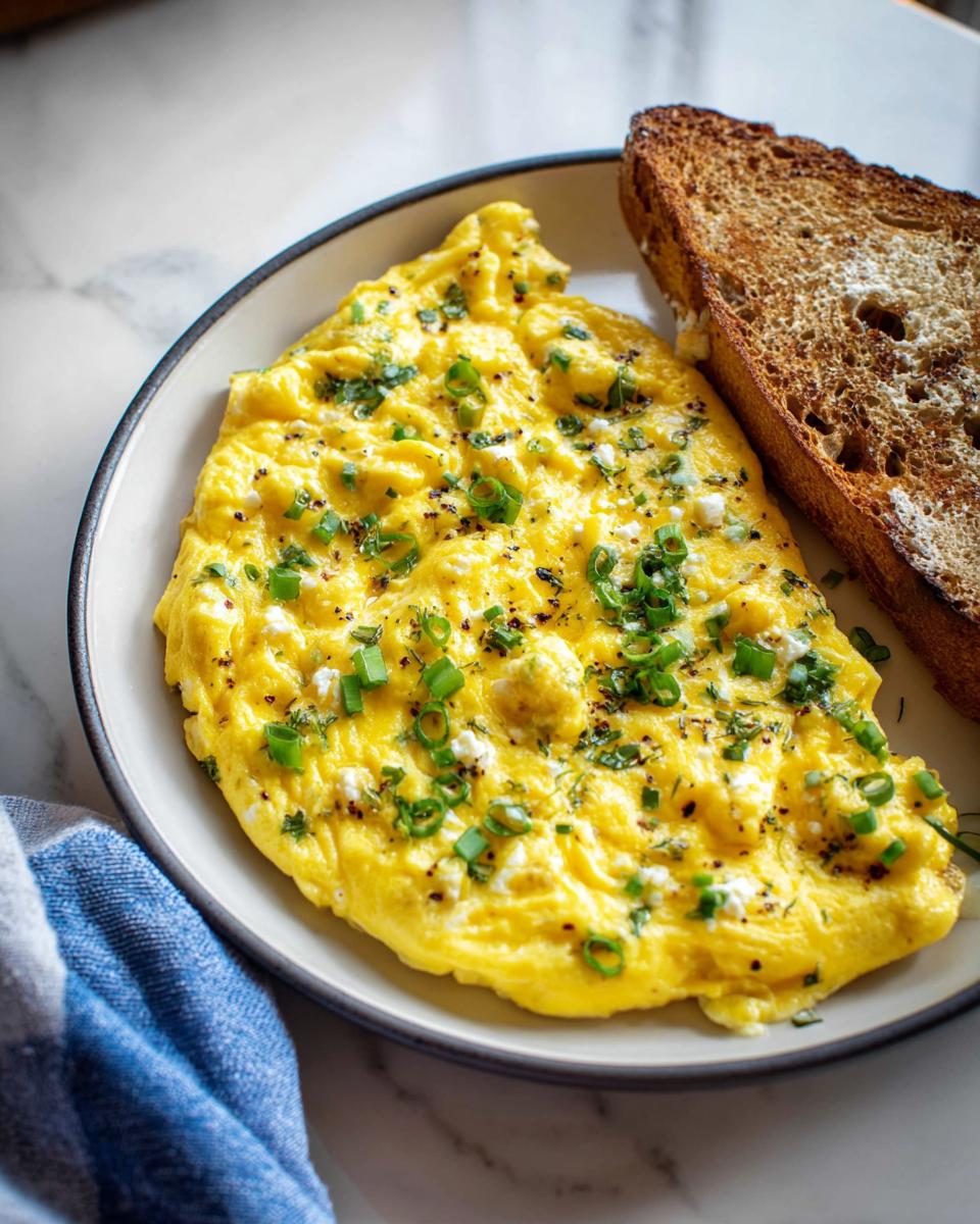 A fluffy omelette filled with herbs and cheese, served with a slice of toasted bread. A perfect example of egg recipes.