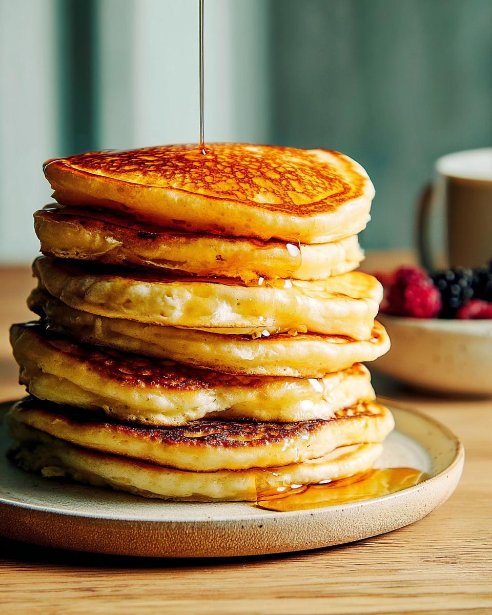 A stack of fluffy pancakes with syrup being poured on top, part of The Ultimate Breakfast Ideas Recipes Guide for Beginners.