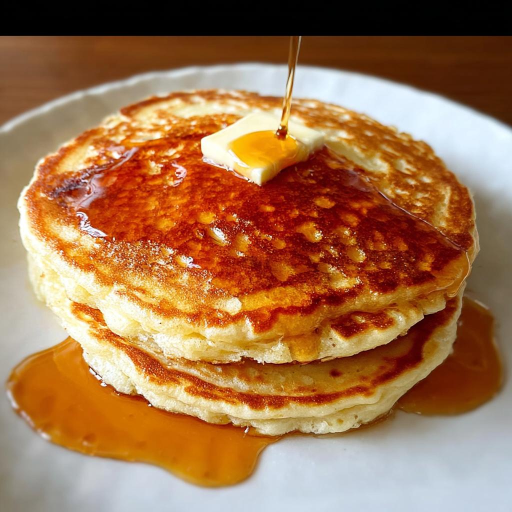 A stack of fluffy pancakes topped with a pat of butter and drizzled with syrup, a perfect breakfast idea.