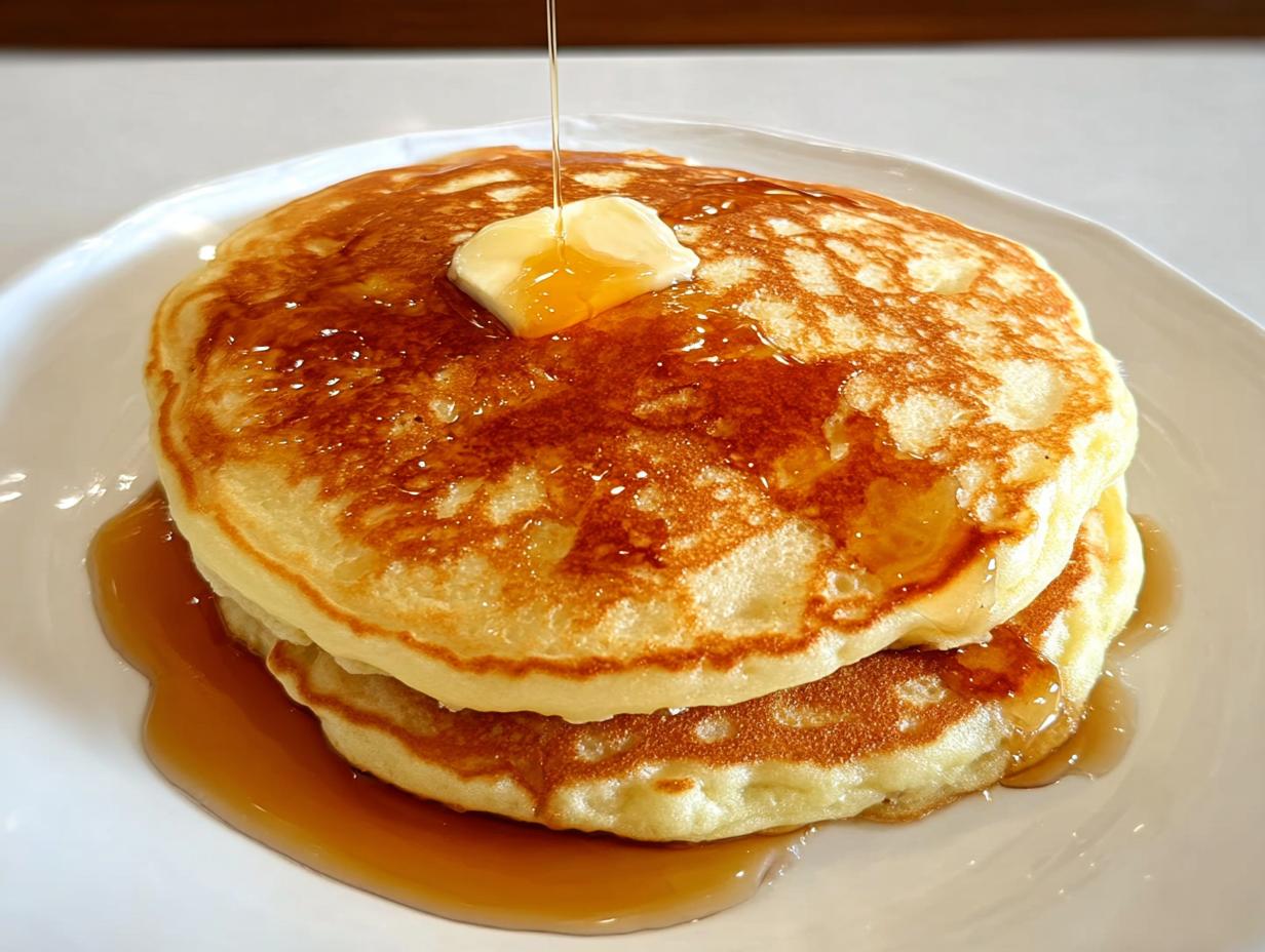 A stack of fluffy pancakes topped with a pat of butter and drizzled with syrup, perfect for breakfast ideas recipes.