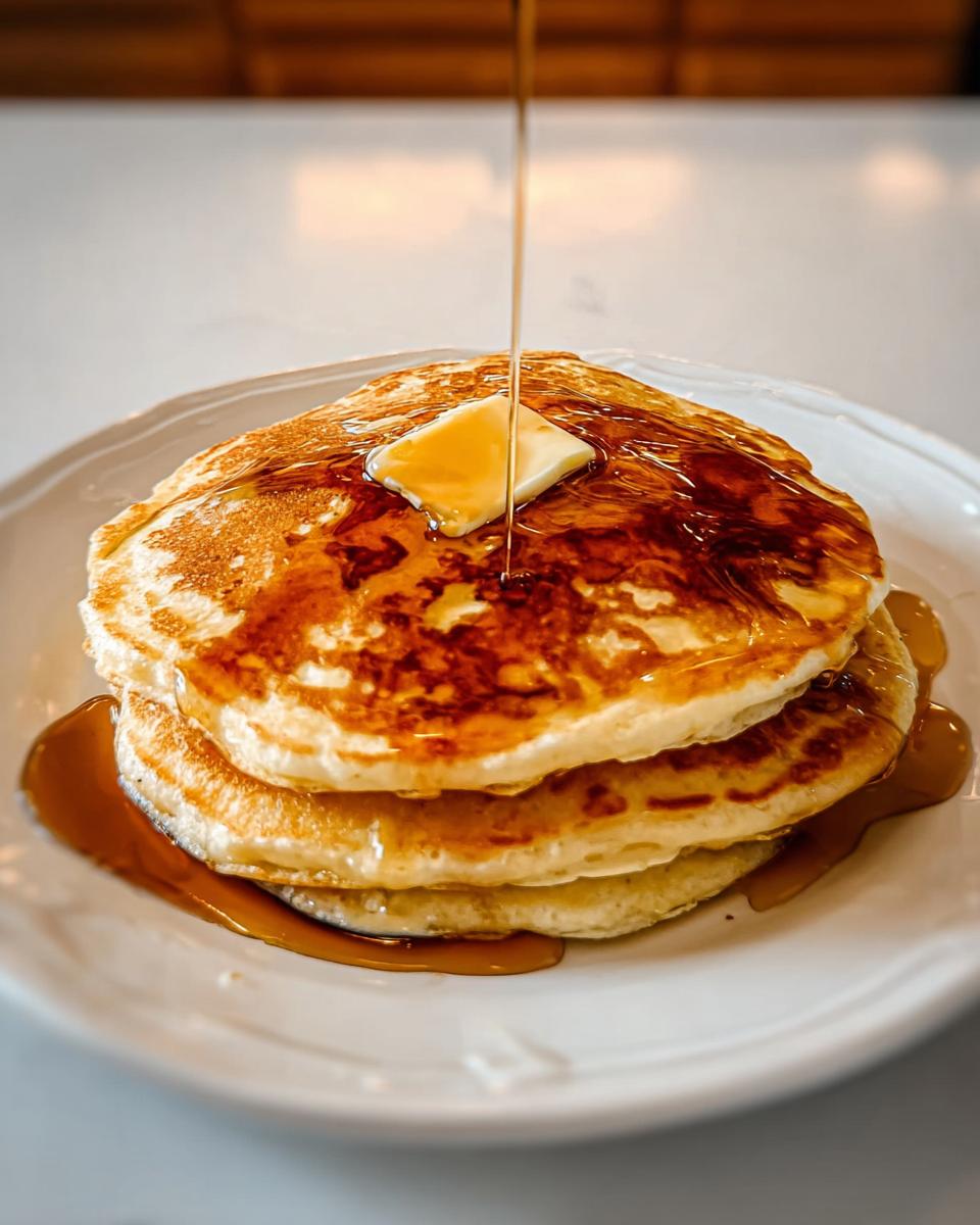 A stack of three fluffy pancakes topped with a pat of butter and drizzled with syrup, perfect for breakfast ideas recipes.