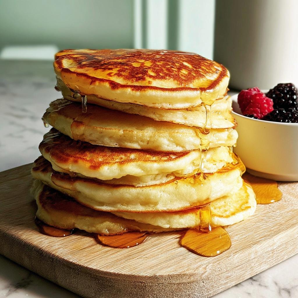 A stack of fluffy pancakes drizzled with maple syrup, served with a side of fresh berries. A perfect breakfast idea.
