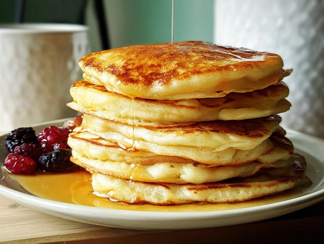 A stack of fluffy pancakes drizzled with syrup, served with fresh berries, a perfect breakfast idea.