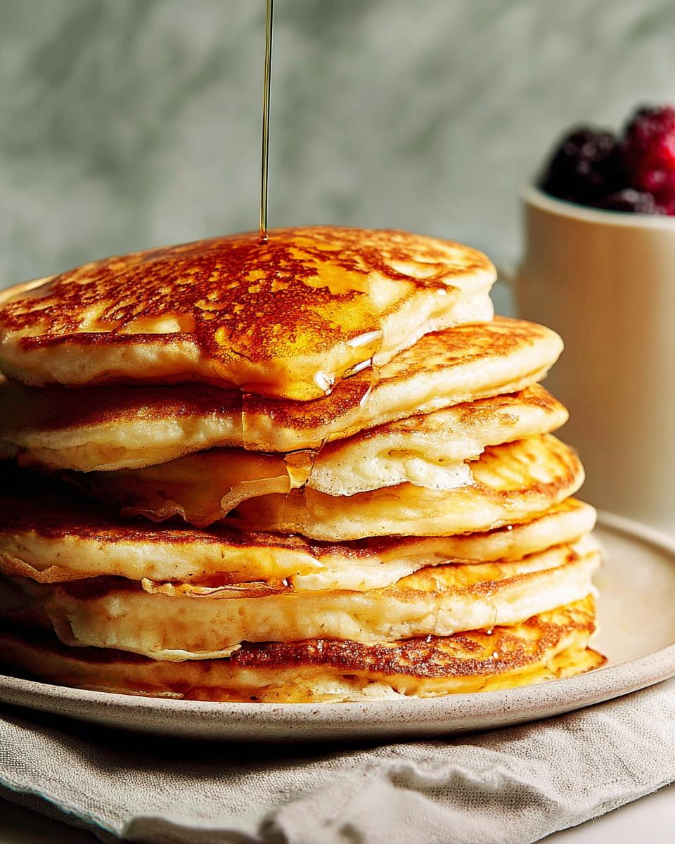 A tall stack of fluffy pancakes being drizzled with syrup, perfect for beginner breakfast ideas.