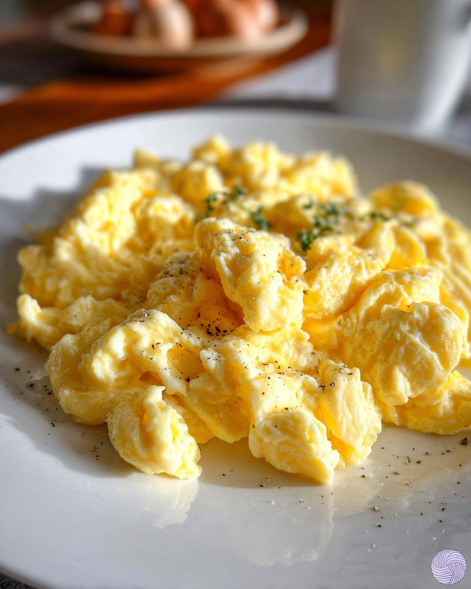 A close-up of fluffy scrambled eggs, seasoned with black pepper and garnished with parsley, part of our guide on how to make egg recipes.