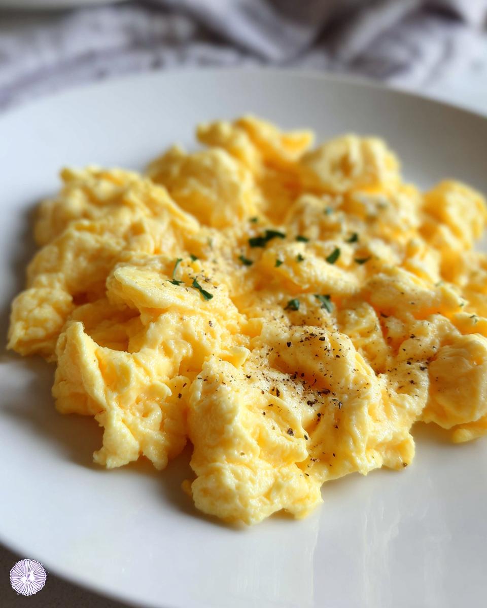 Close-up of fluffy scrambled eggs seasoned with black pepper and fresh parsley, a perfect egg recipe.