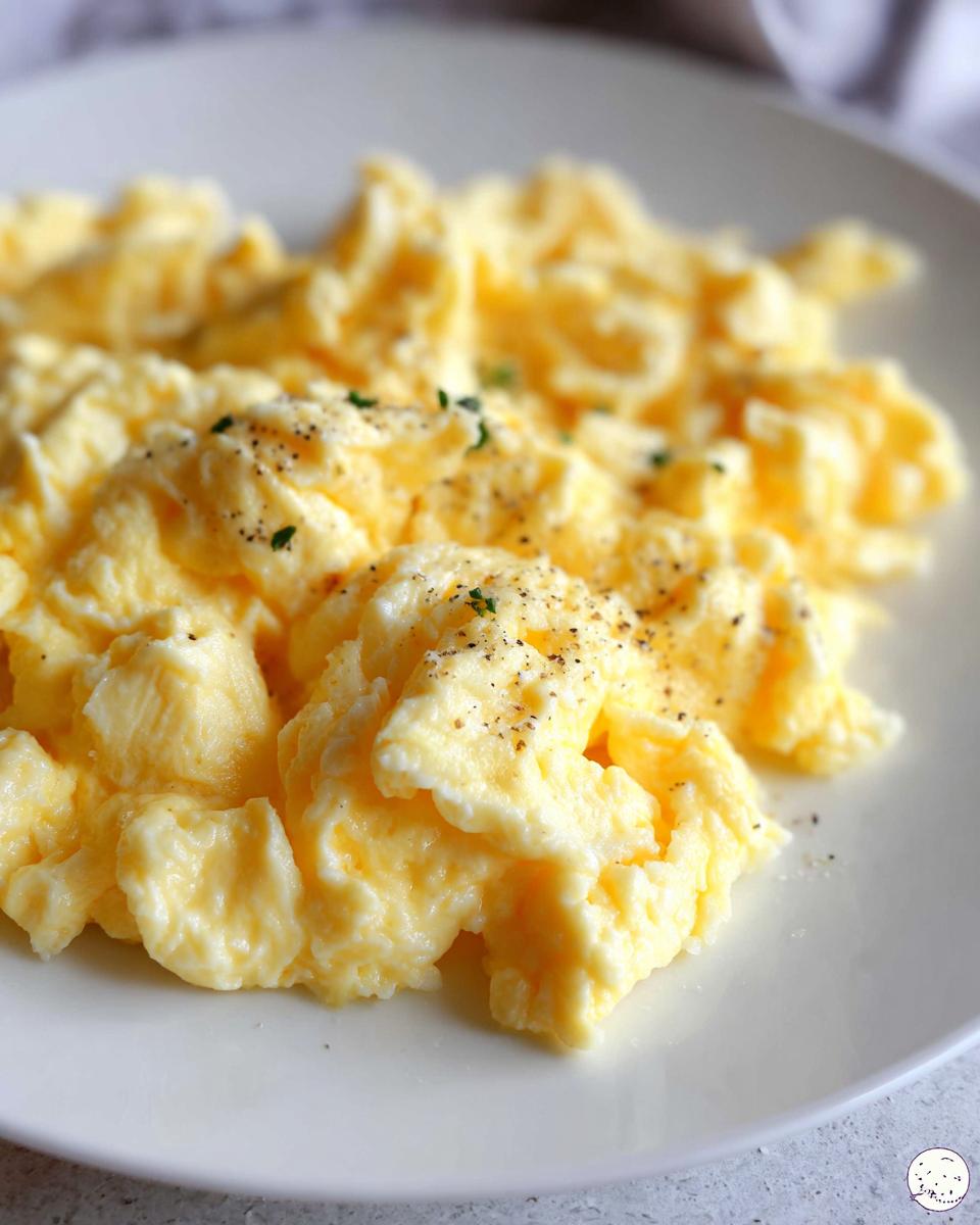 Close-up of fluffy scrambled eggs seasoned with black pepper and herbs, a perfect egg recipe.