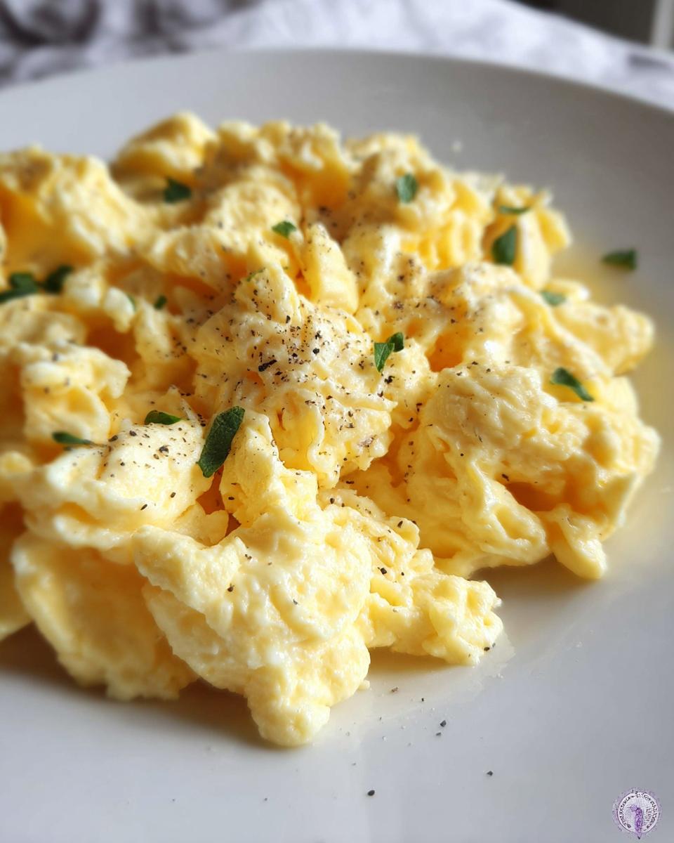 Close-up of fluffy scrambled eggs seasoned with black pepper and garnished with fresh herbs, a perfect egg recipe.