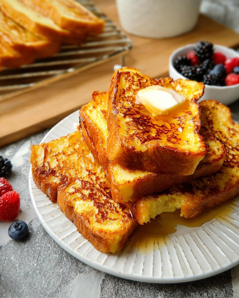 Stack of golden brown French toast slices topped with butter and syrup, with berries on the side. Perfect for quick breakfast ideas recipes.