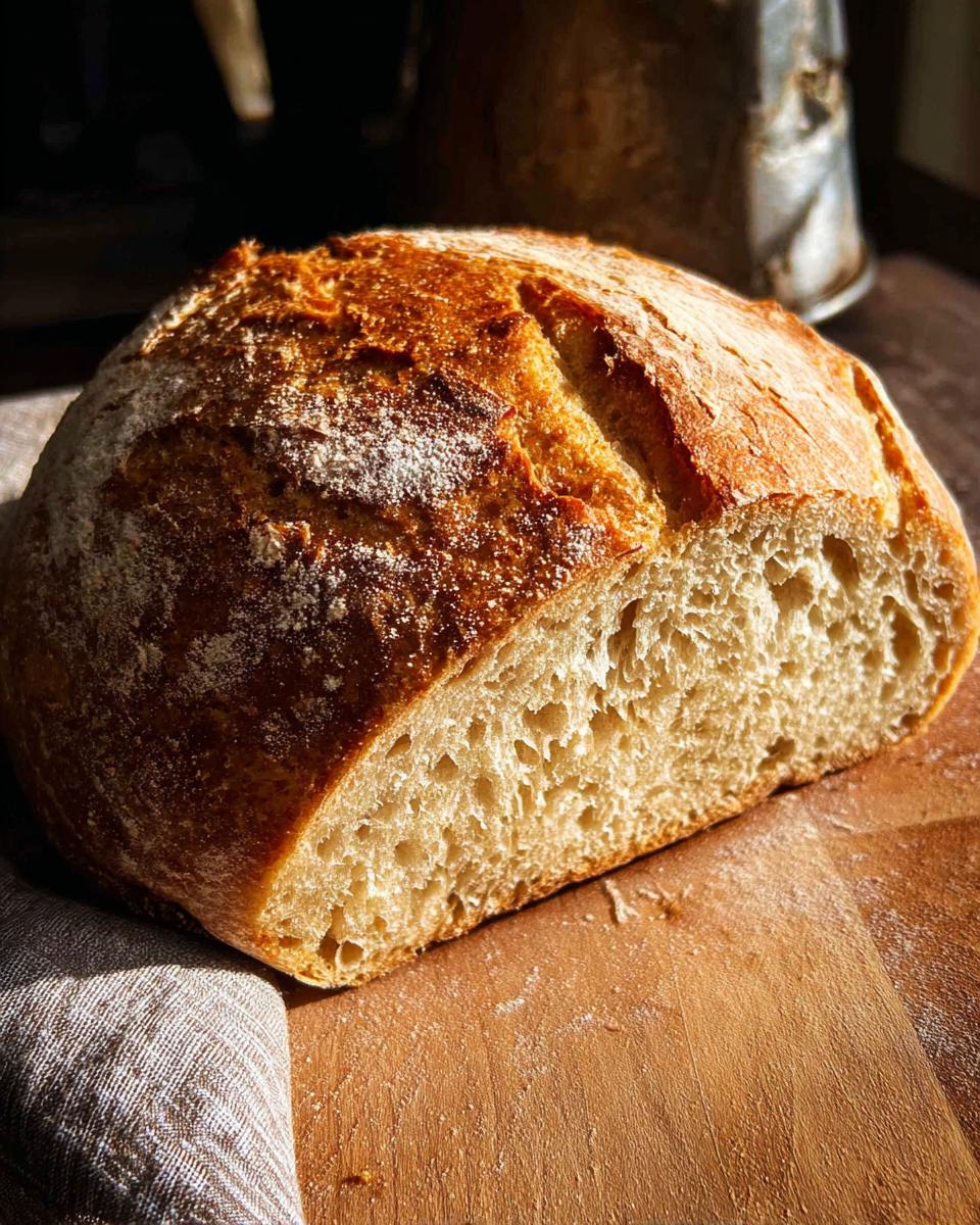 A golden-brown, crusty loaf of homemade bread, sliced in half to reveal a soft, airy interior. Perfect for healthy meals recipes.
