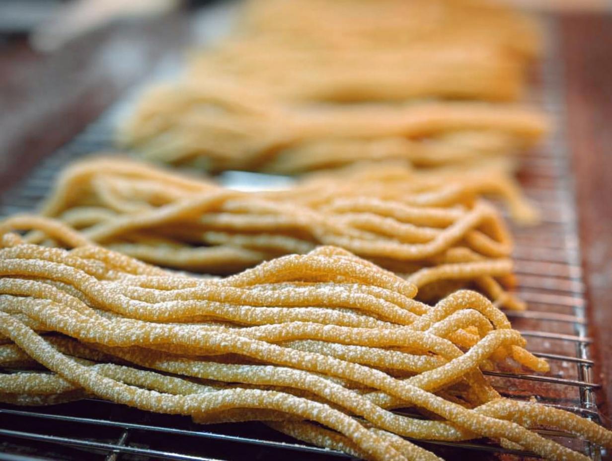 Close-up of freshly made pasta, dusted with flour, drying on a wire rack. Learn how to make pasta recipes like a pro.