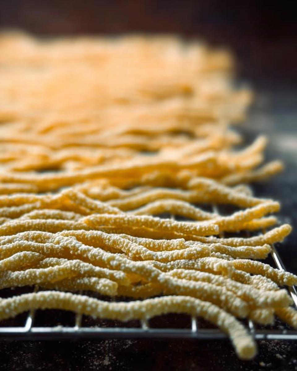 Close-up of fresh, uncooked pasta recipes drying on a rack, dusted with flour.