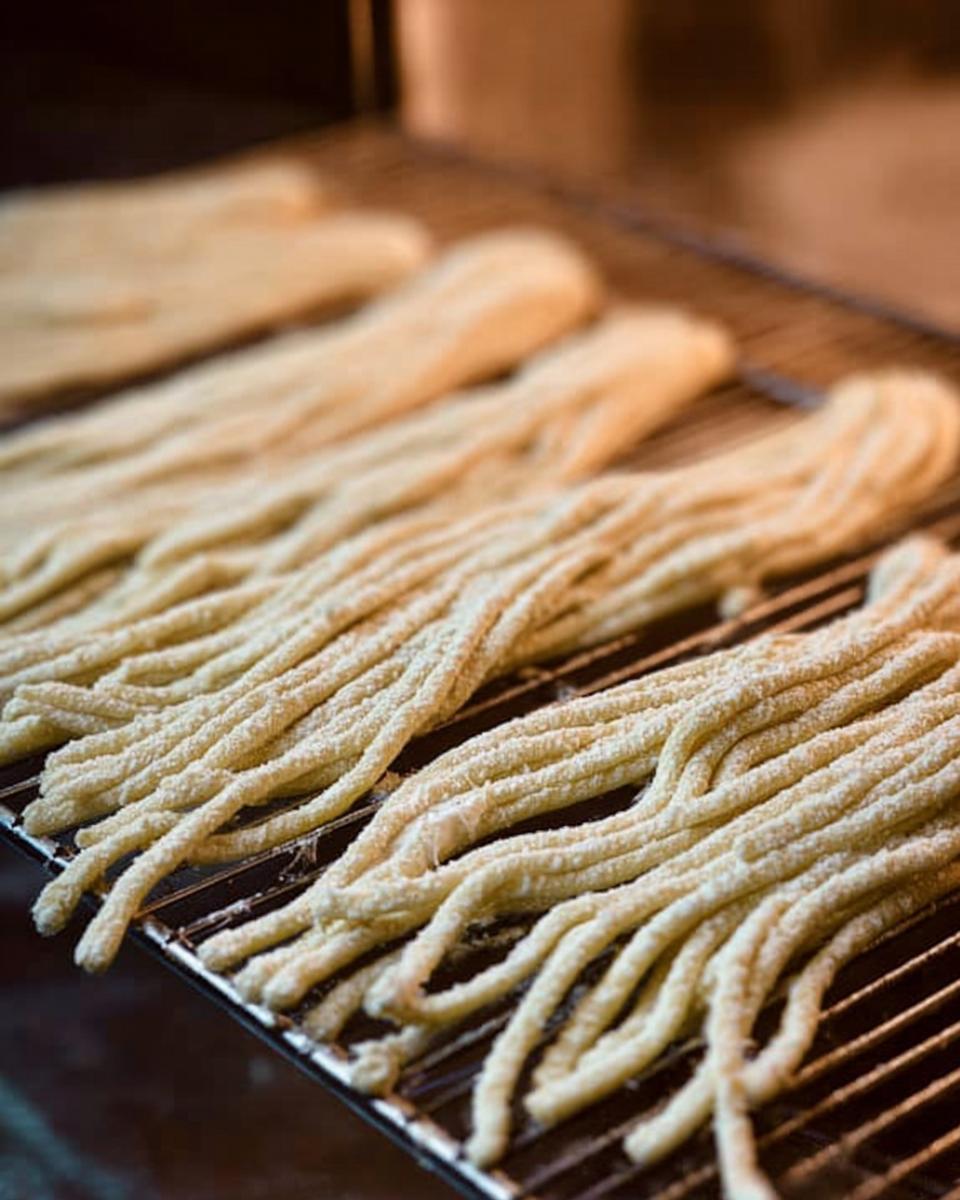 Close-up of freshly made pasta recipes, uncooked strands of pasta resting on a metal cooling rack.