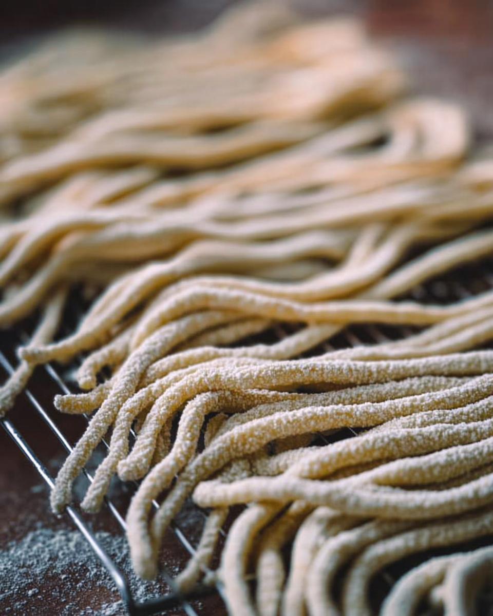 Close-up of freshly made pasta strands dusted with flour, resting on a cooling rack.