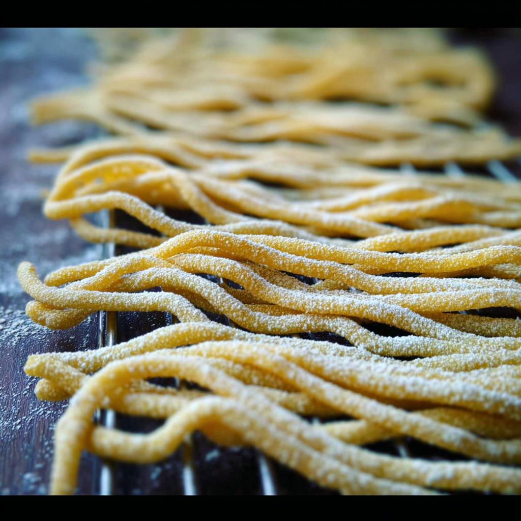 Close-up of freshly made pasta strands dusted with flour, ready for pasta recipes.