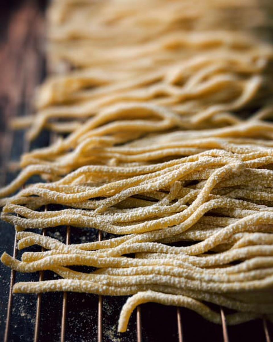 Close-up of freshly made pasta strands dusted with flour, ready for cooking.