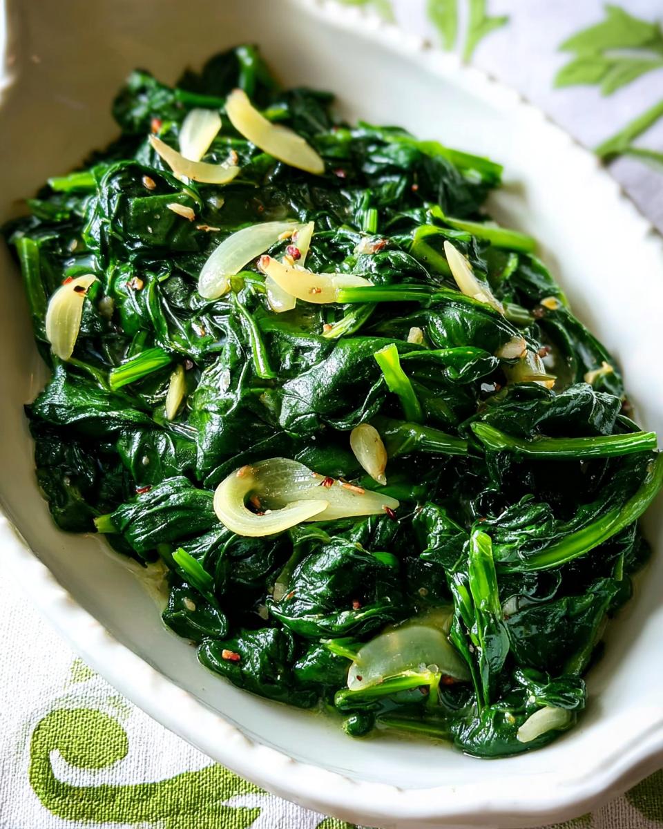 Close-up of garlicky sautéed spinach, a delicious side dish from the 20-Ingredient Veggie Sides Recipes.