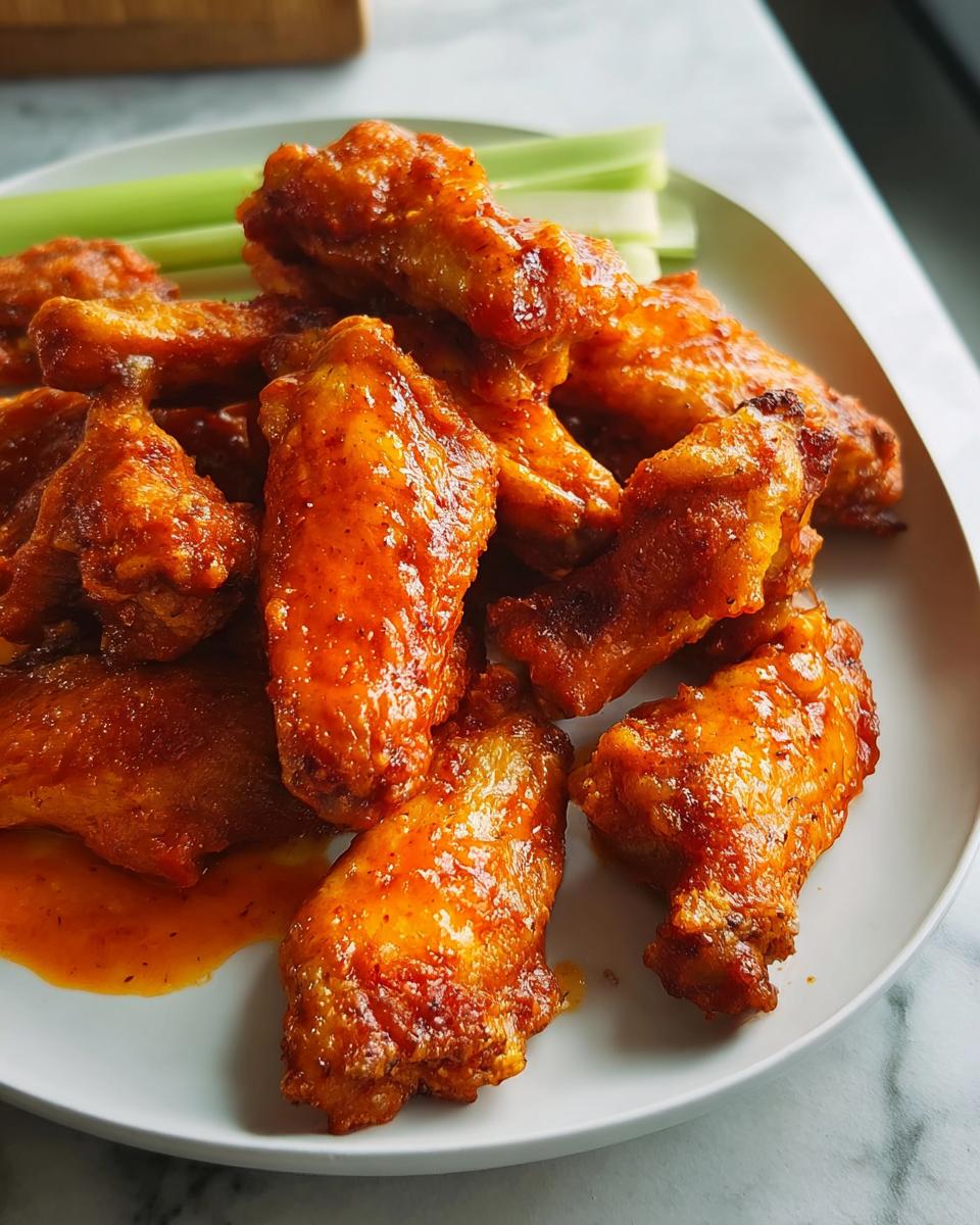 A plate of crispy, saucy buffalo chicken wings served with celery sticks, perfect for busy weeknights.