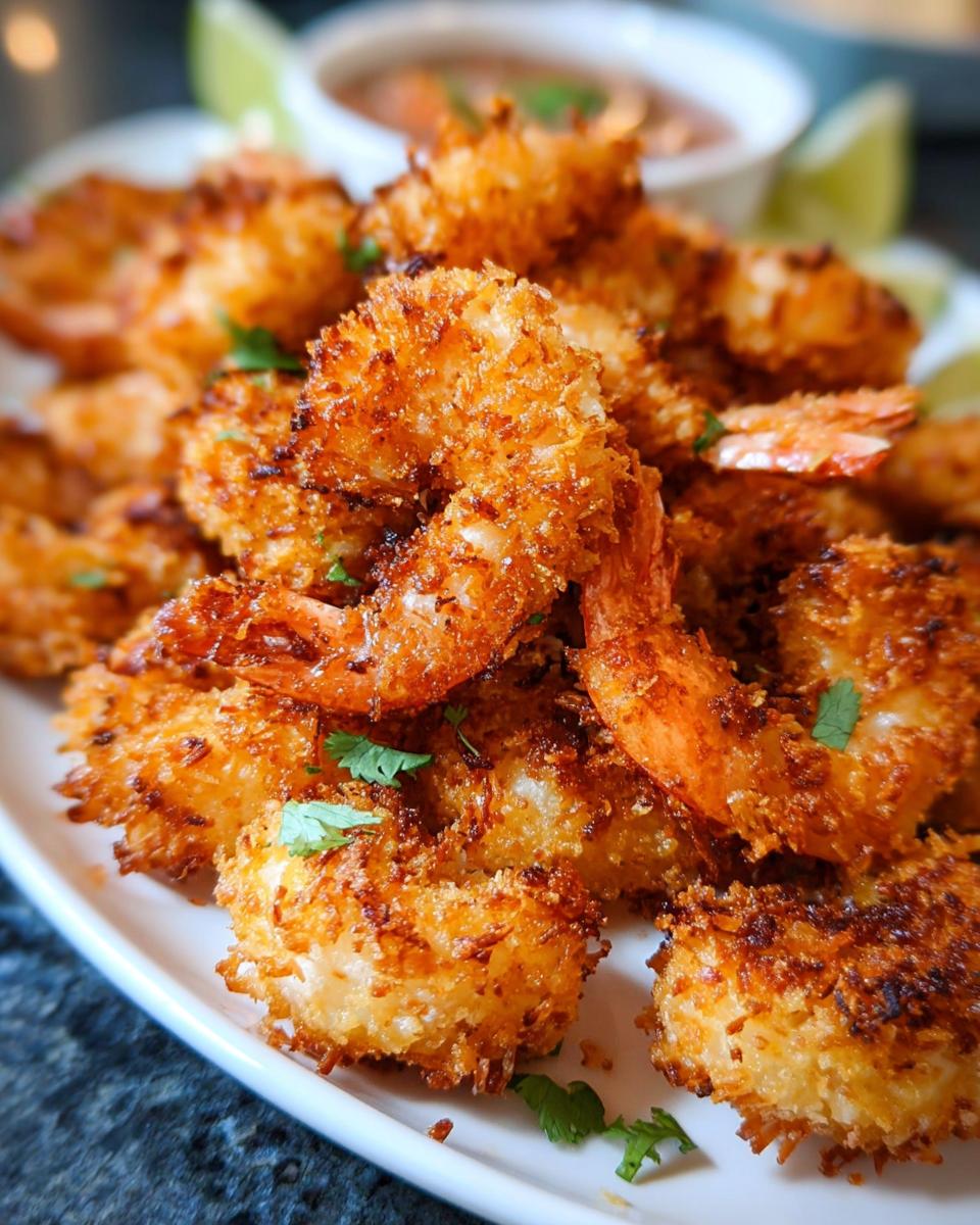 A plate piled high with golden-brown, crispy coconut shrimp, garnished with fresh cilantro and lime wedges. Perfect for busy weeknights.