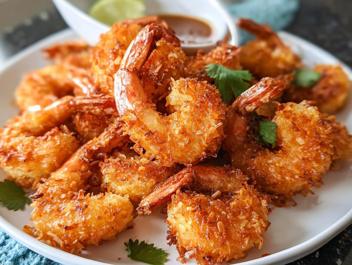 A plate full of golden brown, crispy coconut shrimp, a delicious shrimp recipe idea for busy weeknights.