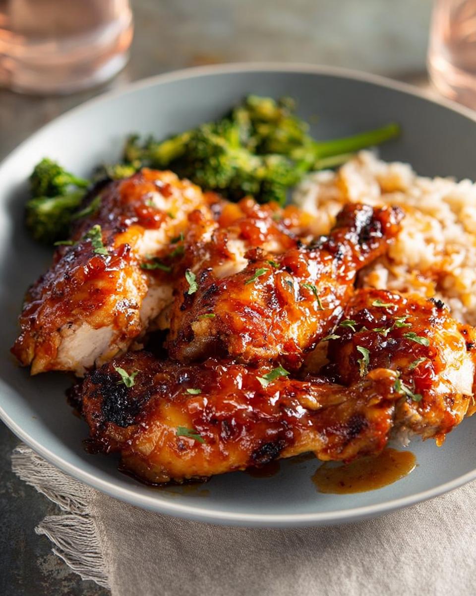 Close-up of glazed chicken drumsticks and thighs served with rice and steamed broccoli, a perfect easy dinner recipe.
