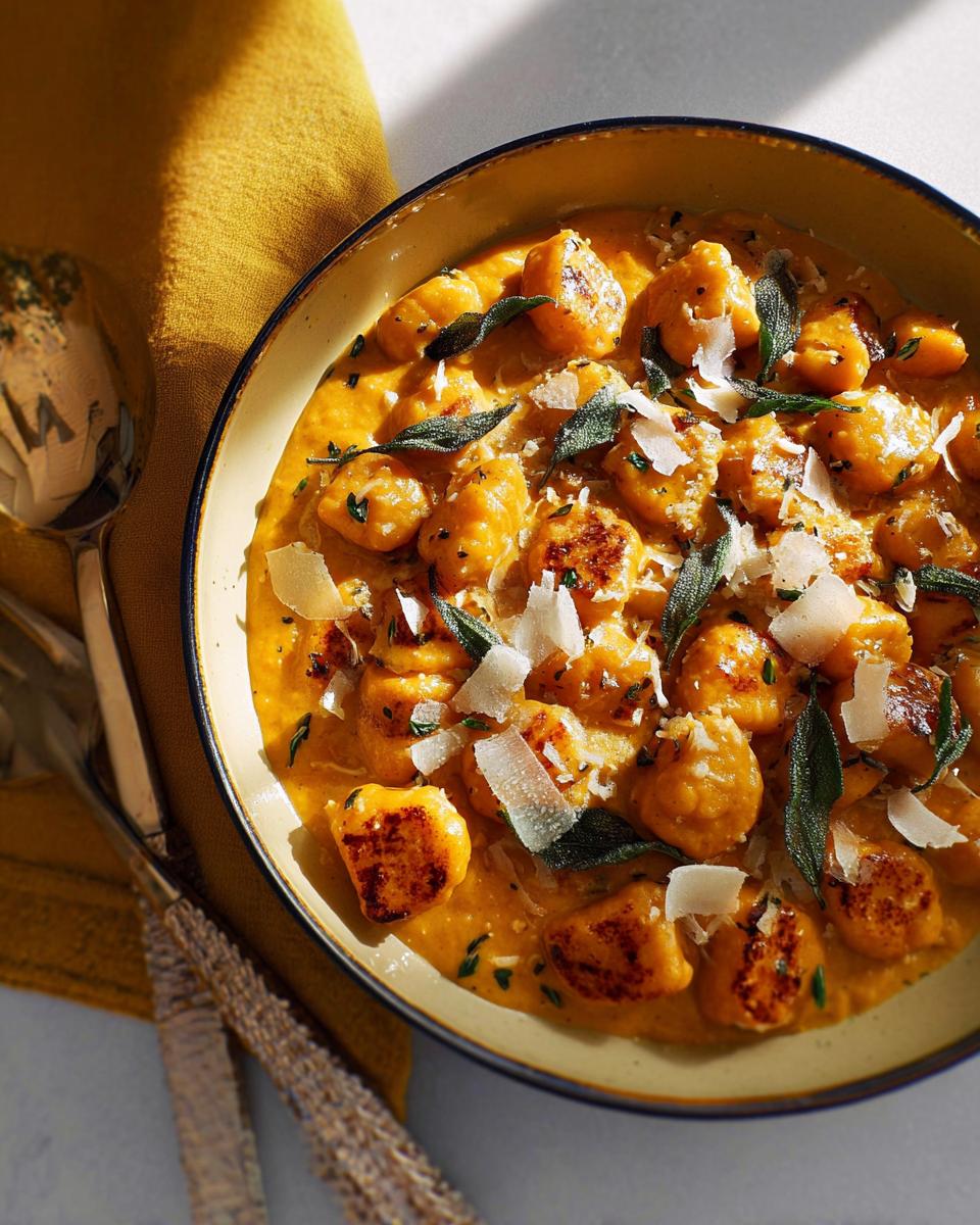Close-up of a bowl of creamy pumpkin gnocchi pasta, topped with sage and shaved parmesan.