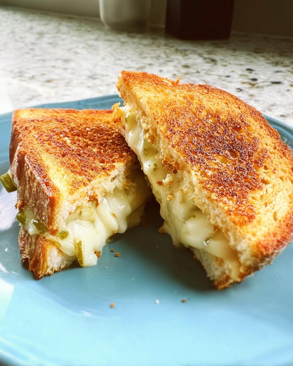 A perfectly grilled cheese sandwich, cut in half, with melted cheese oozing out. Features green pepper slices.
