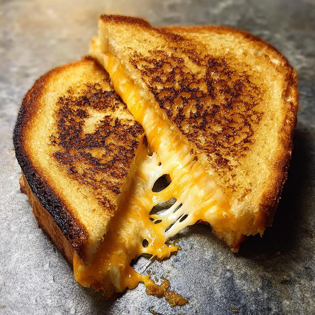 A perfectly grilled cheese sandwich, cut in half, with gooey melted cheese stretching out.
