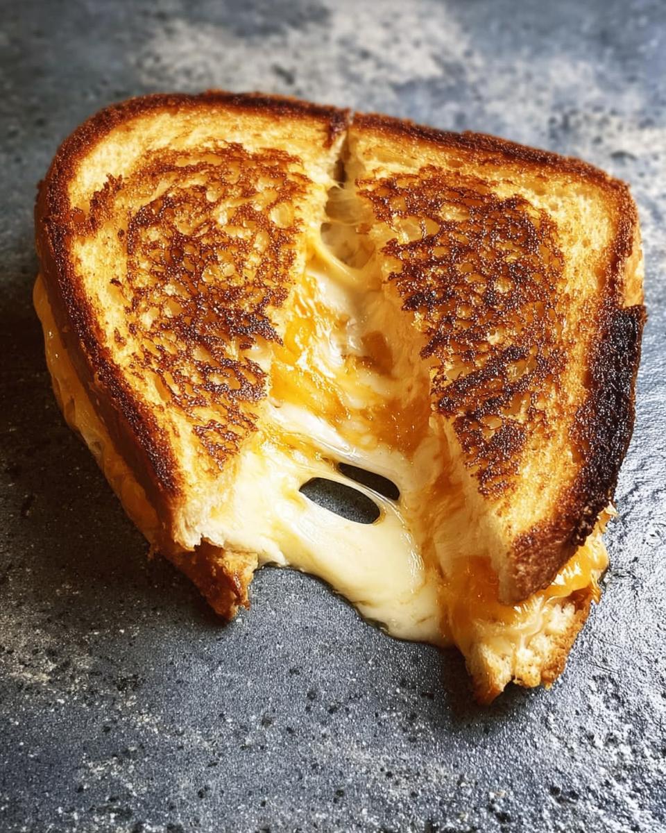 A perfectly golden-brown grilled cheese sandwich with melted cheese oozing out.