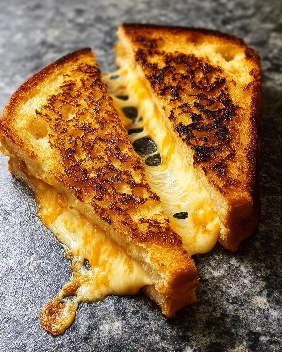 A perfectly grilled cheese sandwich, cut in half, with melted cheese oozing out.