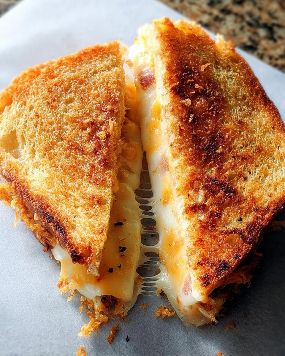 A perfectly grilled cheese sandwich, cut in half, with melted cheese oozing out. This is a classic grilled cheese recipe.