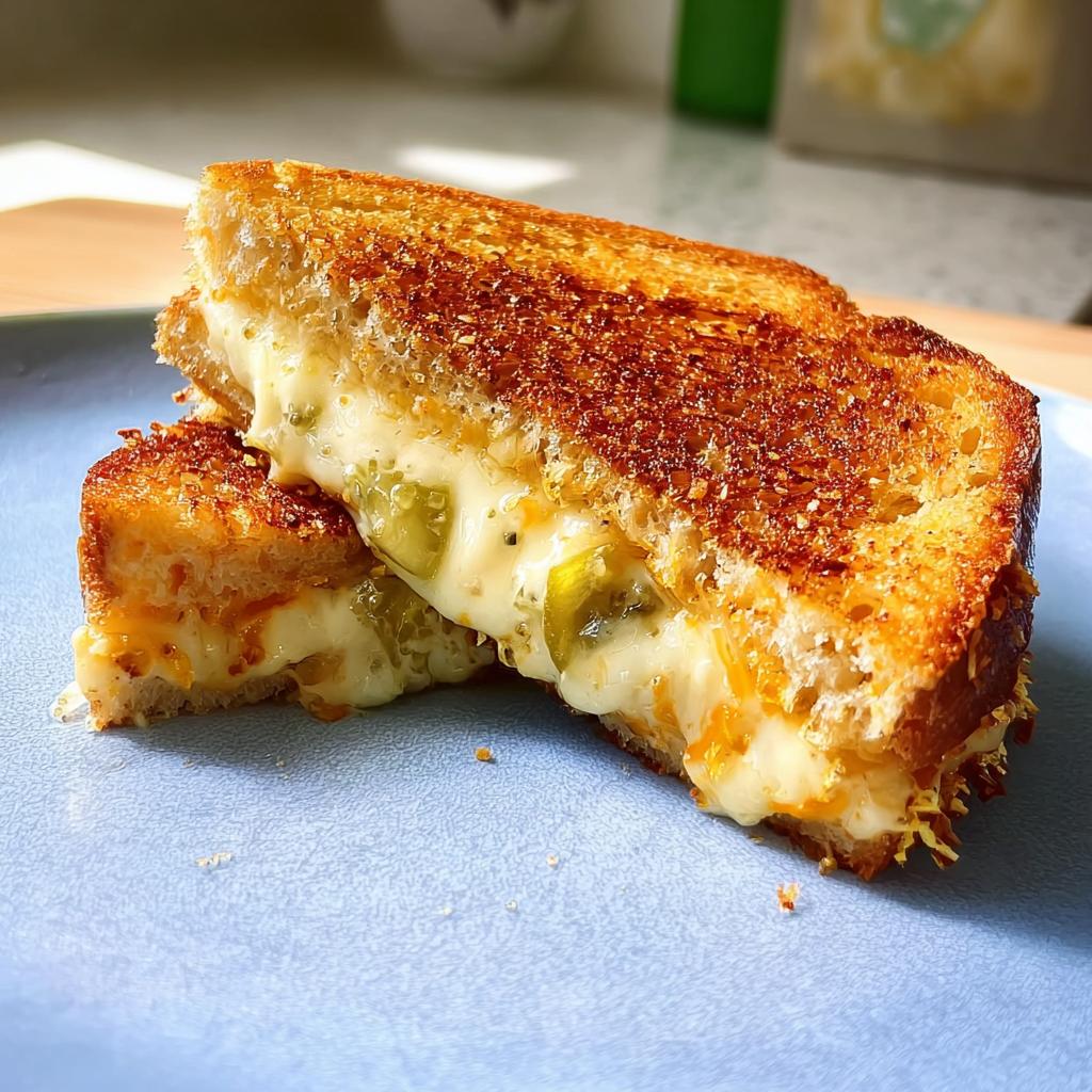 Close-up of a perfectly grilled cheese sandwich, cut in half, with melted cheese oozing out and green pepper pieces visible.