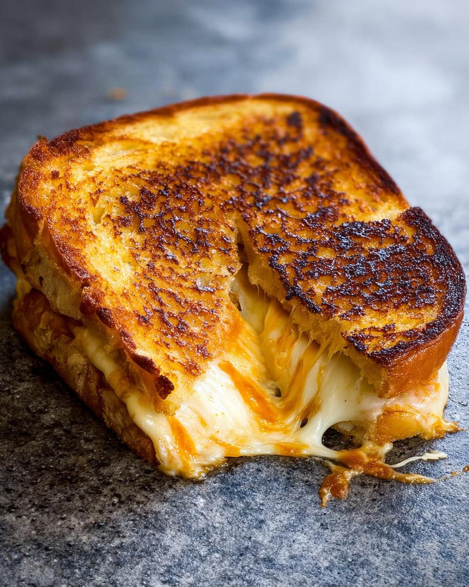 A perfectly grilled cheese sandwich with golden-brown toast and a generous amount of melted, gooey cheese oozing out.