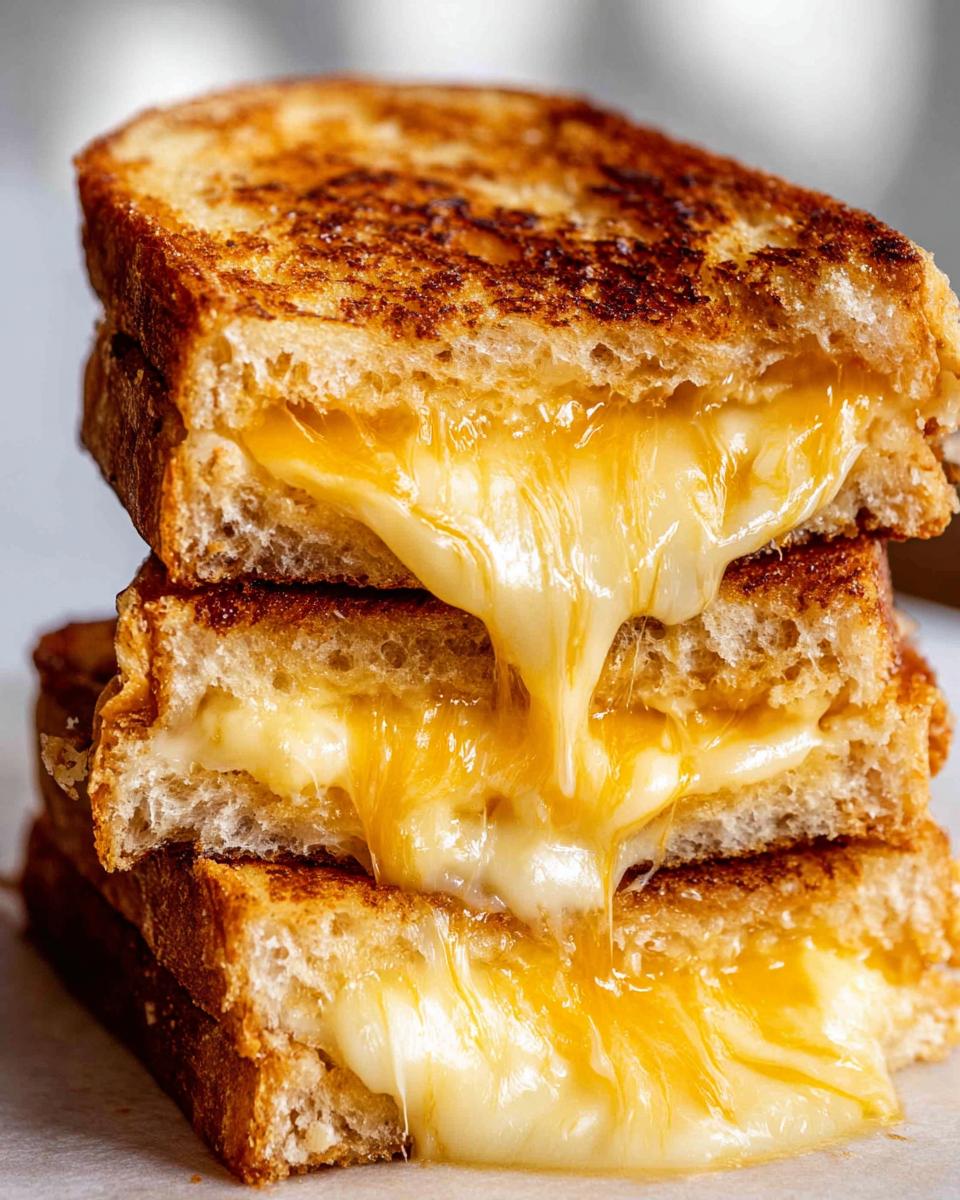 A tall stack of perfectly grilled cheese recipes, with melted cheese oozing out.