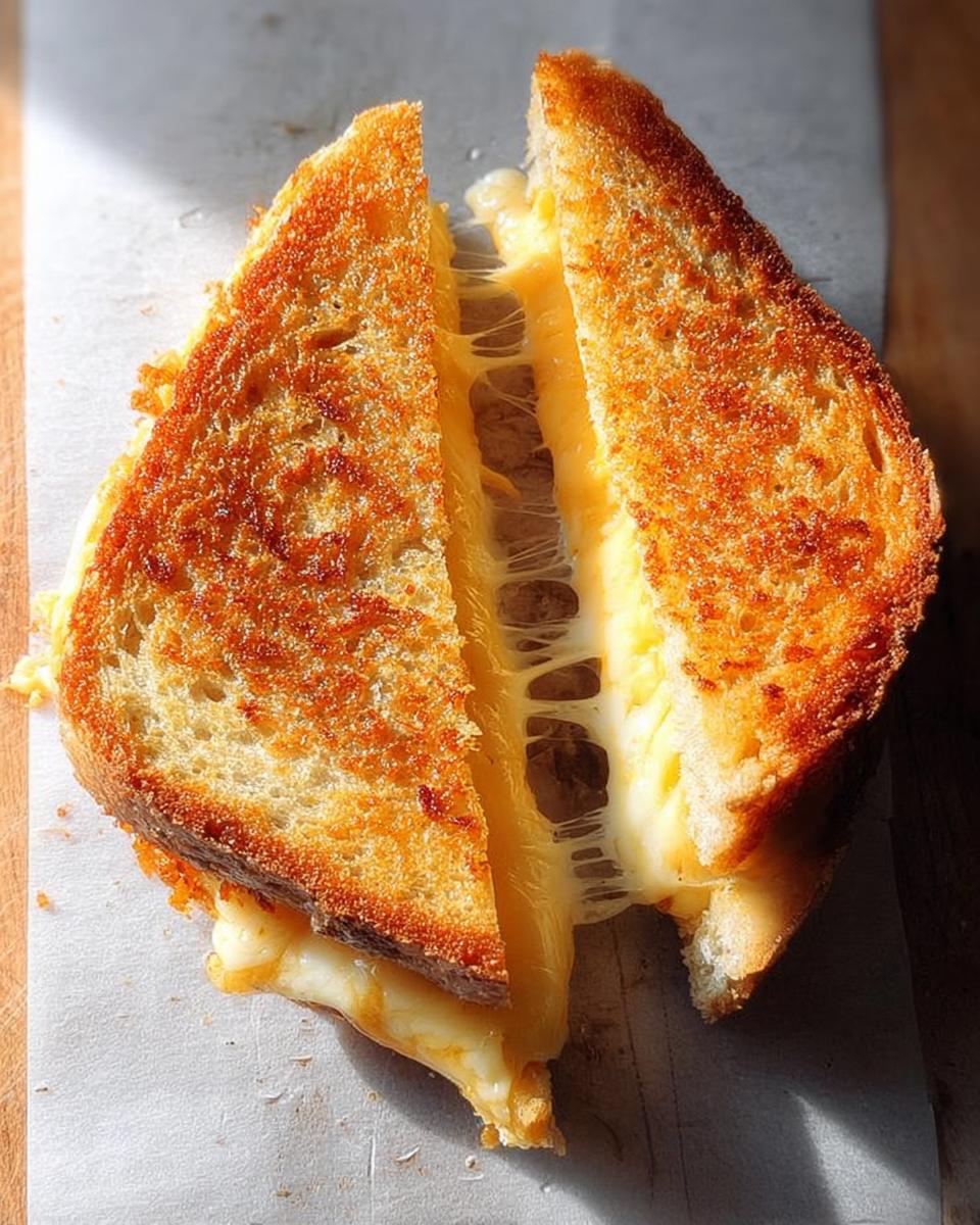 A perfectly toasted grilled cheese sandwich, cut in half, with melted cheese oozing out.