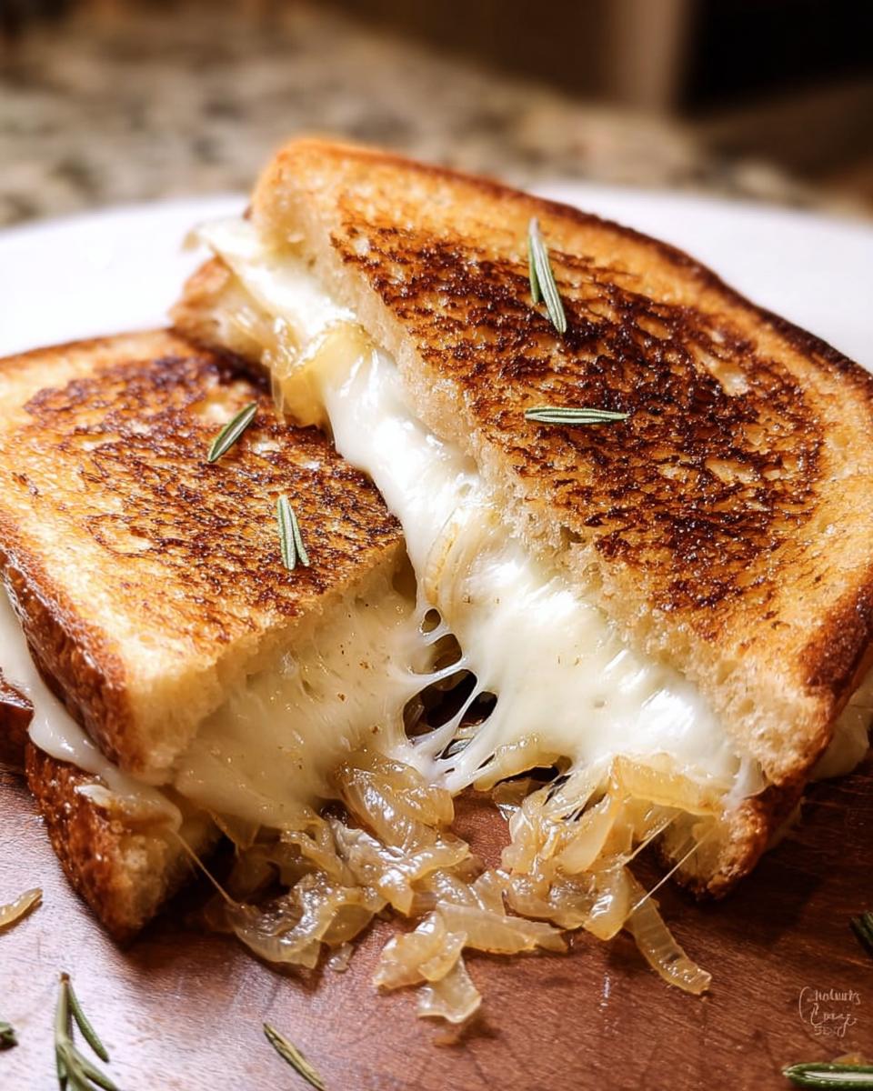 Close-up of a gooey grilled cheese recipe with caramelized onions and melted cheese oozing out.