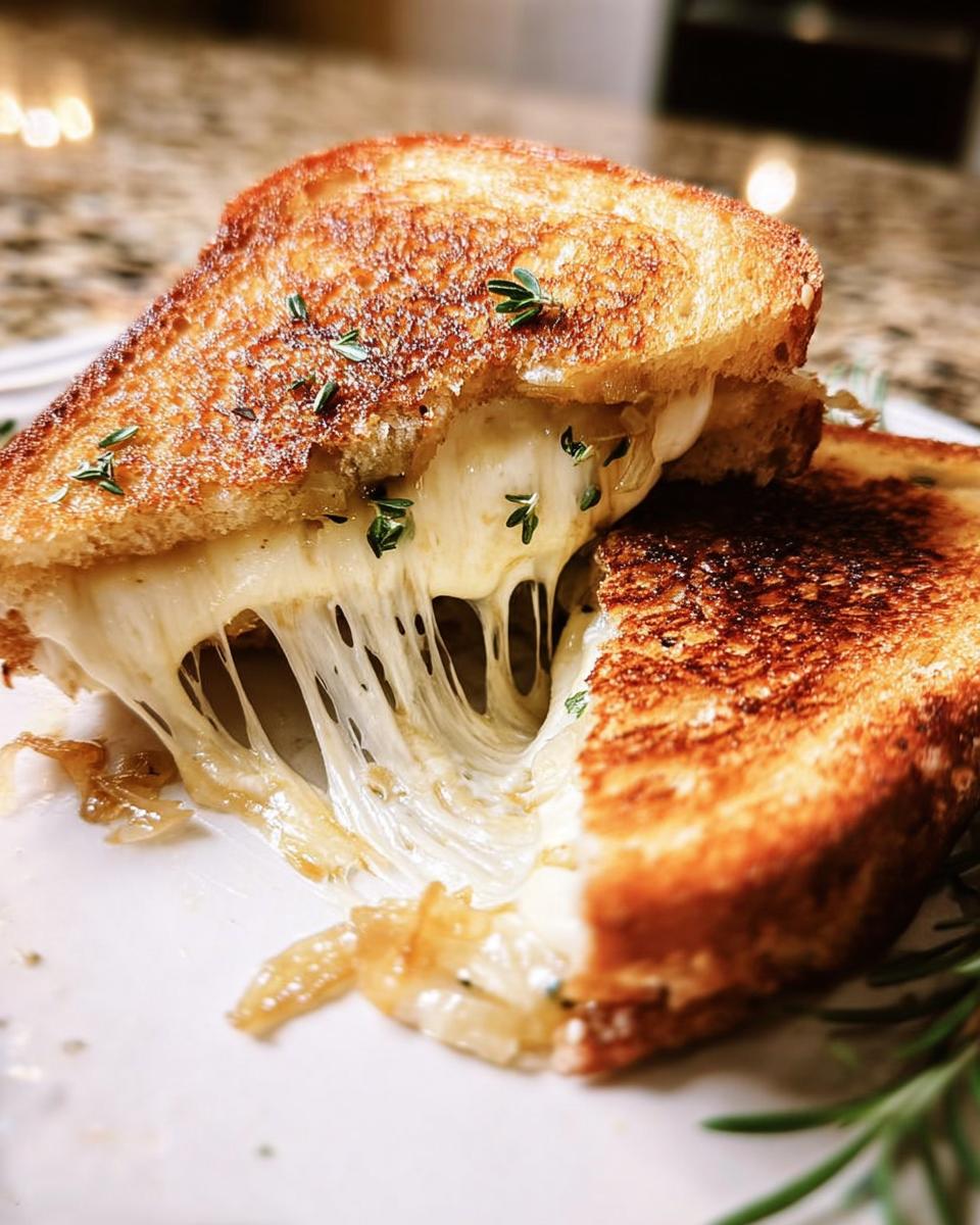 A perfectly grilled cheese sandwich with melted cheese oozing out, sprinkled with herbs. Great for meal prep!