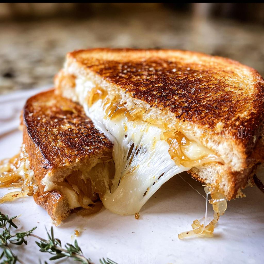 Close-up of a perfectly grilled cheese sandwich with melted cheese oozing out, featuring caramelized onions.