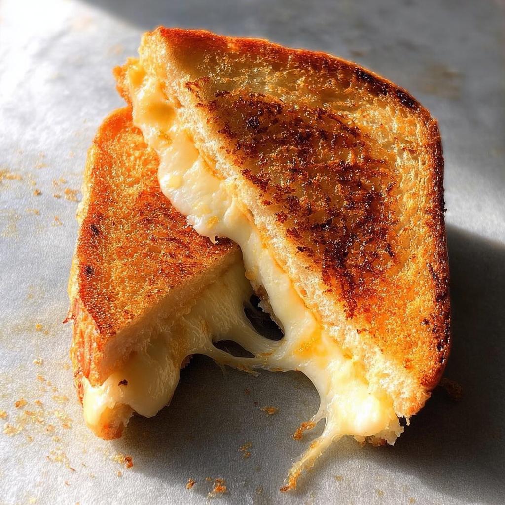 Close-up of a perfectly grilled cheese sandwich with gooey melted cheese oozing out.