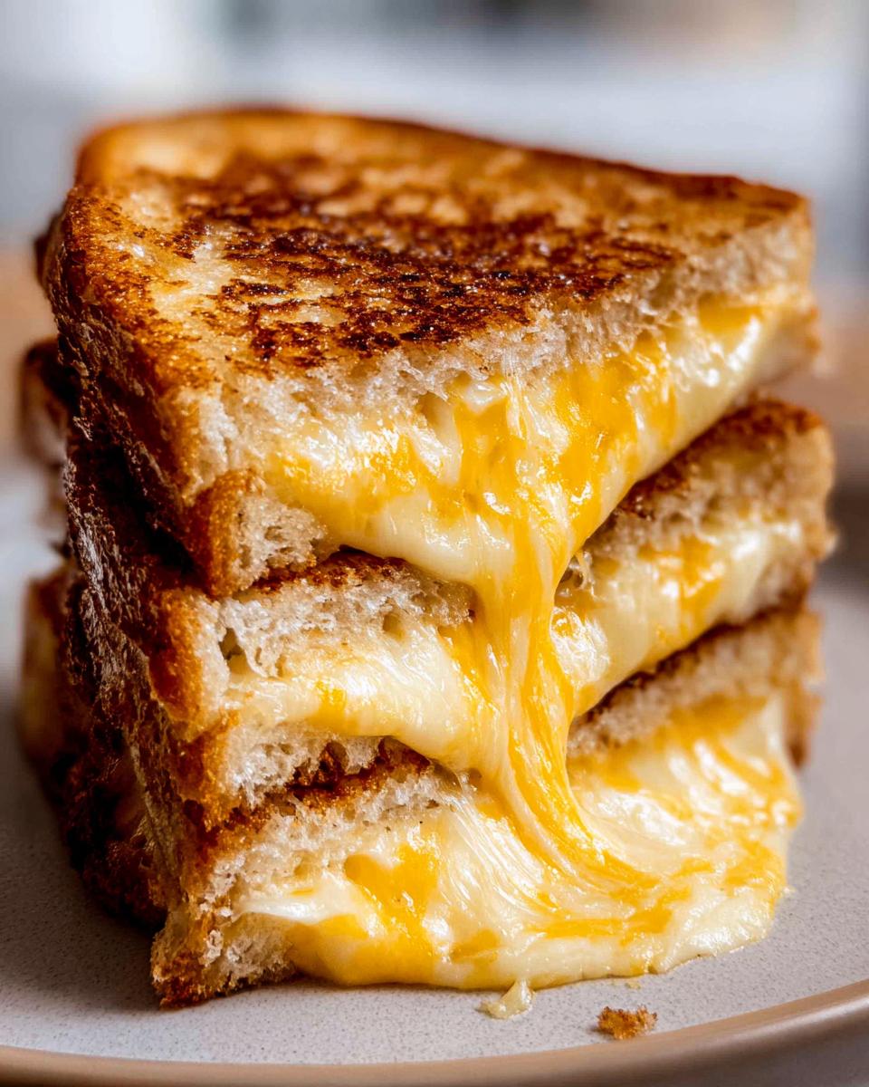 A stack of three golden-brown grilled cheese sandwiches with gooey, melted cheese oozing out.